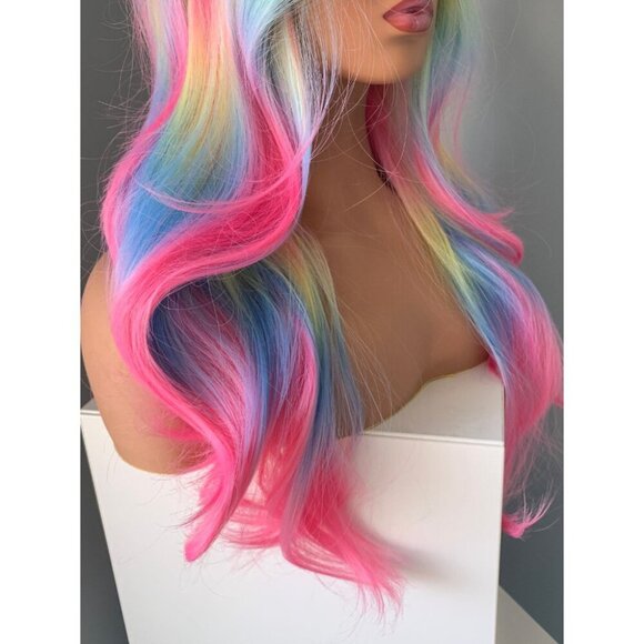 Long Wavy Neon Rainbow Synthetic 26 inch Wig - Picture 2 of 5